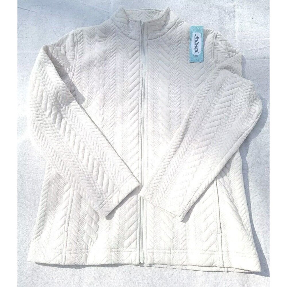 NWT Vintage National Womans Size Medium Long Sleeve Textured  Zip Up Shirt Cream